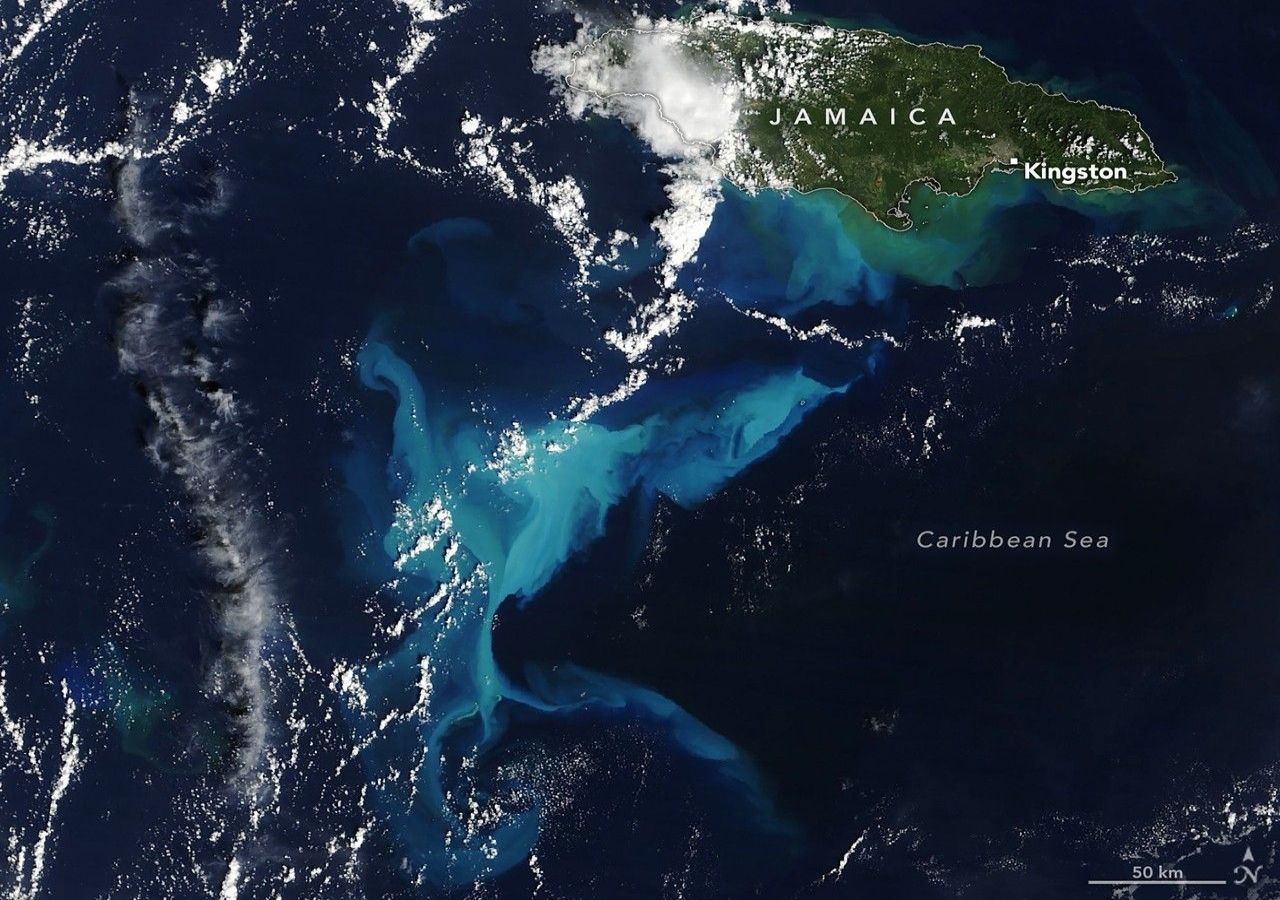 La intensidad extrema del huracán Melissa movilizó sedimentos del Banco Pedro, al sudoeste de Jamaica. En los días posteriores el mar mantuvo una coloración que sorprendió a los especialistas. Imagen: NASA