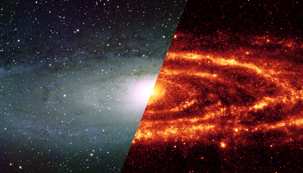 Vista de la galaxia de Andrómeda con el telescopio espacial James Weeb donde se ve su espectro en infrarrojo. Crédito: NASA.