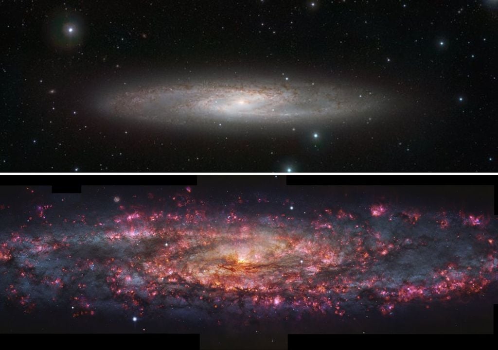 galaxia del Escultor La primera imagen (arriba) fue captada en 2010 por el telescopio VISTA en el observatorio Paranal: si la comparamos con la actual imagen (abajo) captada en el mismo observatorio pero con el VLT, veremos que tiene una mayor resolución y mayor detalle, en mil colores. Créditos: ESO