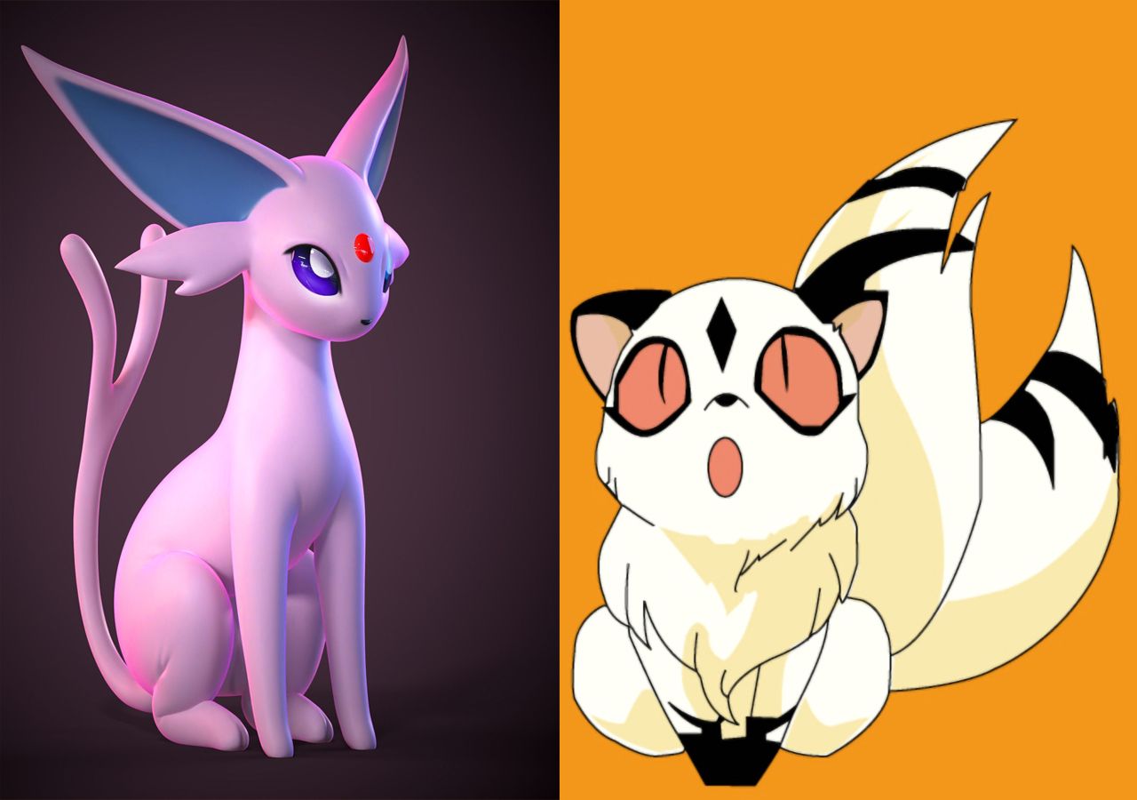 Um gato preto com olhos laranja está em um pokemon espeon de fundo preto