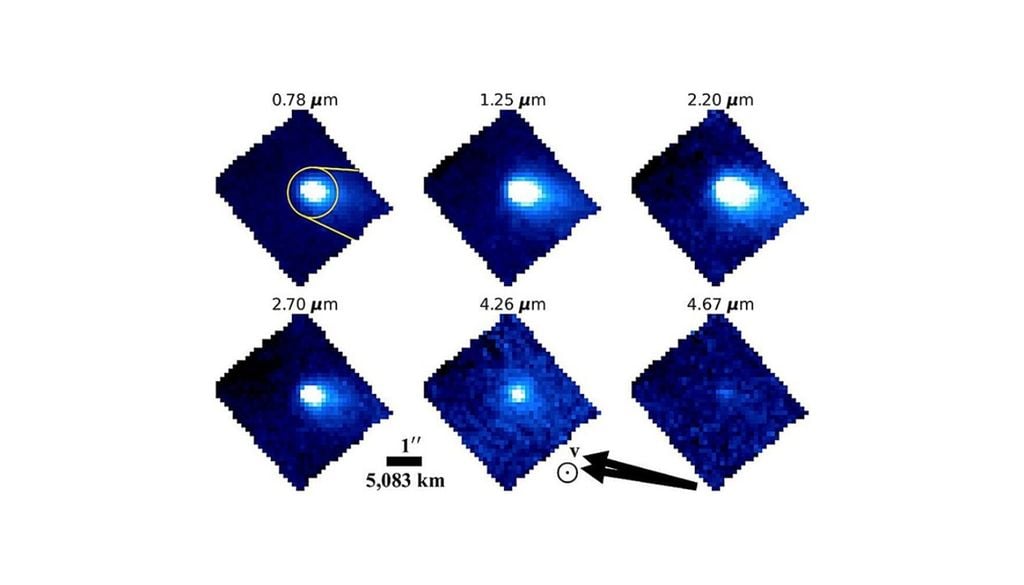 Saturno cometa Paneles de imágenes integradas por longitud de onda de 450P extraídas del cubo de datos del IFU NIRSpec del JWST en diferentes bandas de paso (la longitud de onda efectiva se indica directamente encima de cada panel). Crédito: The Planetary Science Journal (2026).