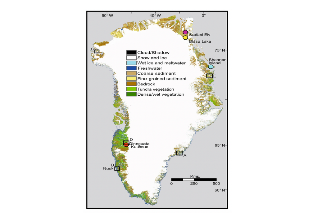 Immagine della Groenlandia elaborata utilizzando dati satellitari che caratterizzano diverse regioni per il 2010. Crediti: Grimes et al.  Cyrep 14, 3120 (2024).