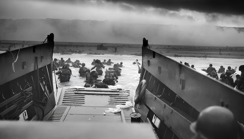 Tropas estadounidenses desembarcan a través del fuerte oleaje en la playa de Omaha, 6 de junio de 1944. Jefe de Fotografía (CPHoM) Robert F. Sargent. Dominio público.