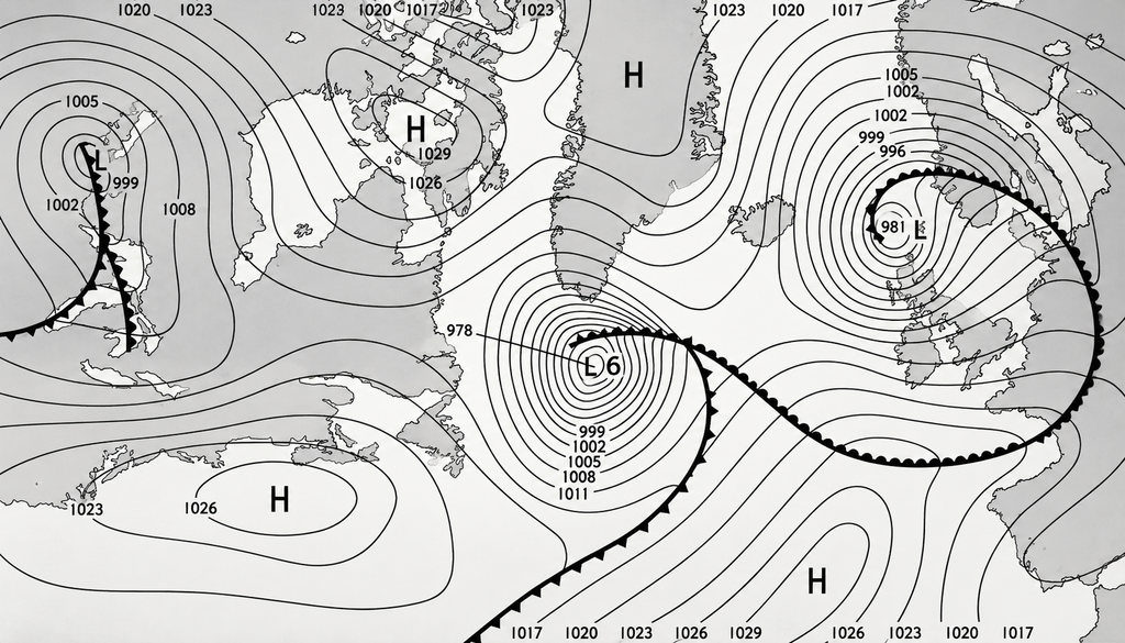 Mapa de análisis meteorológico de superficie que muestra los frentes meteorológicos del 5 de junio de 1944.