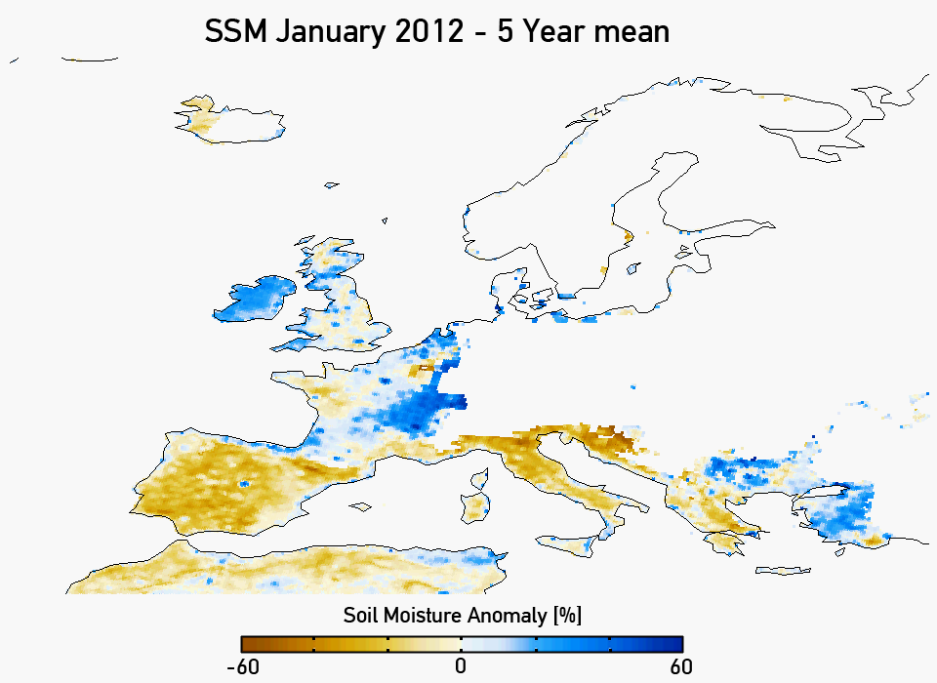 La Humedad Del Suelo Monitoreada Desde El Espacio: Sequía En España Anomalía de la humedad del suelo para enero de 2012 (medio de cinco años). Crédito: IPF
