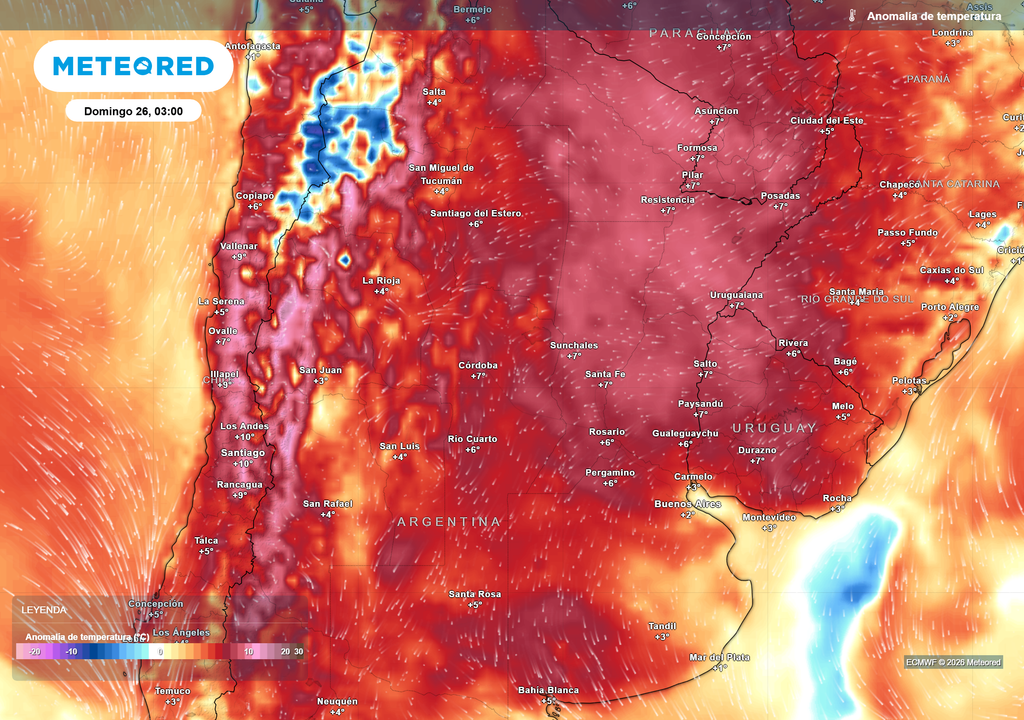 Pronóstico, Tiempo, Clima, Argentina Anomalía de temperatura prevista para el próximo domingo según el modelo ECMWF