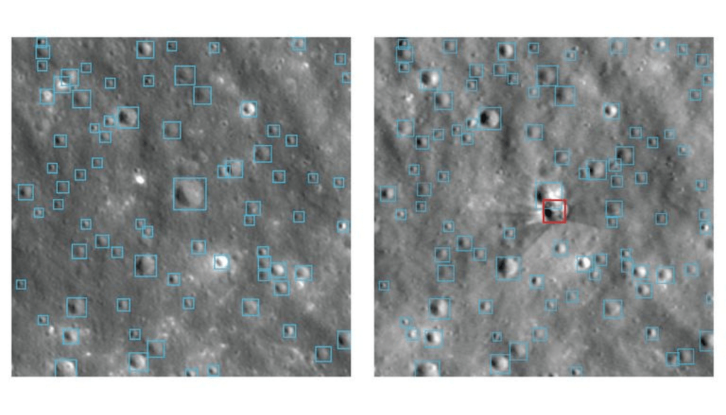 Imágenes del LRO muestran la superficie lunar cerca del cráter Einstein antes (izquierda) y después (derecha) del impacto de un cohete de SpaceX. El modelo de IA detectó los cráteres existentes (contornos azules) y resaltó el cráter de impacto recién formado (recuadro rojo). Crédito: NASA.