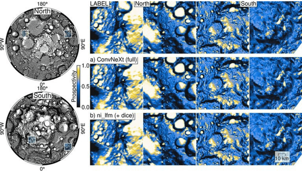 El modelo NASA-IBM reproduce patrones de potencial de hielo lunar (escalados de azul a amarillo), mostrados en cuatro ubicaciones (izquierda) cerca del polo lunar. Crédito: NASA-IBM.