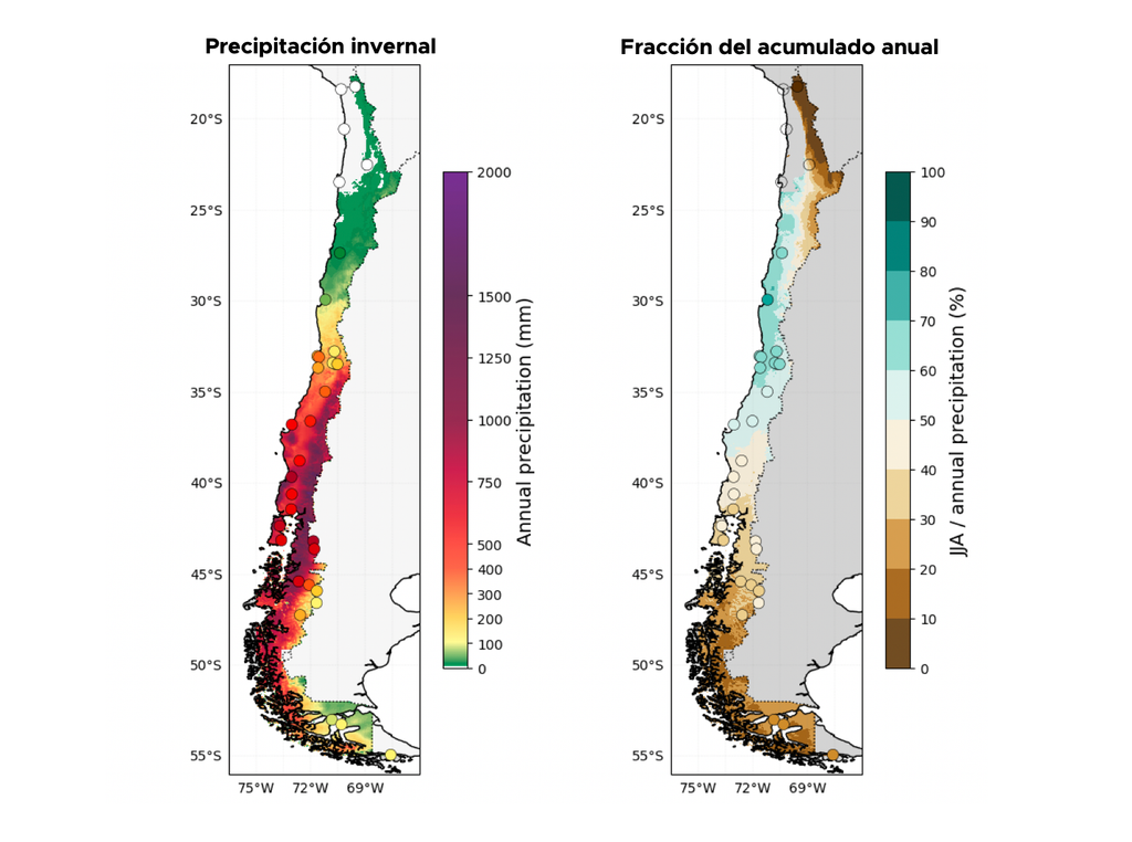 Izquierda: Precipitación acumulada durante el invierno (JJA). Derecha: Porcentaje de la precipitación anual que cae durante el invierno. Periodo de referencia: 1991-2020. Datos: CR2Met y DMC.