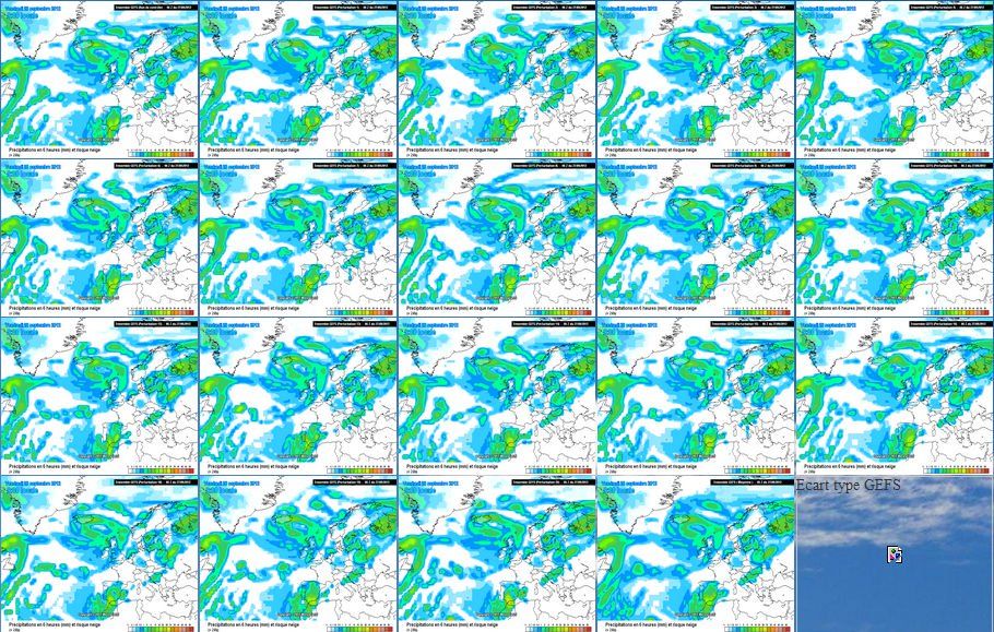 La Incertidumbre De Las Precipitaciones Intensas: El Caso Del 27- 30 Sept. 2012 Salidas de los escenarios, o estampas, del GEFS, para un momento determinado de predicción de la precipitación, formado por cada uno de los 2o miembros que componen el conjunto. Existen 20 predicciones deterministas a partir de las cuales se generan las salidas probabilísticas.
