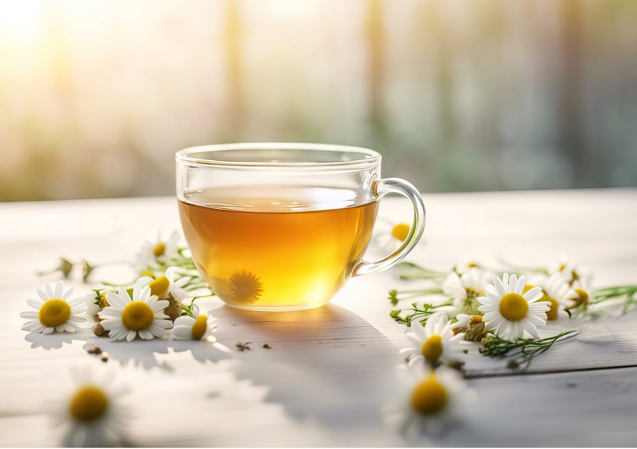El té de manzanilla, una infusión elaborada a partir de las flores secas de la planta de manzanilla, Matricaria chamomilla.