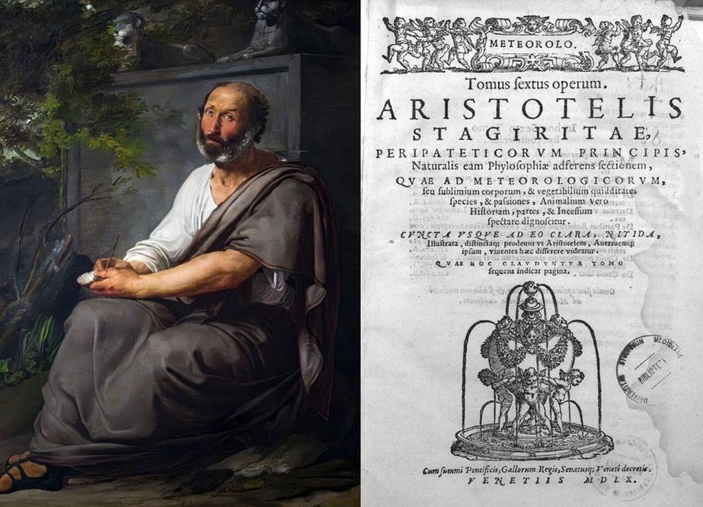 Izquierda: Retrato de Aristóteles pintado por Francesco Hayez en 1811. © Galleria dellˈ Acaddemia, Venecia. Derecha: Frontispicio del tomo sexto de Los Meteorológicos de Aristóteles. Edición impresa en Venecia en 1560. Fuente: Wikipedia
