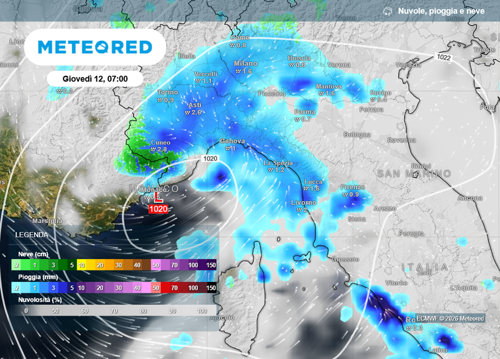 Piogge sulla Liguria tra mercoledì 11 e giovedì 12. Giovedì sarà la giornata più piovosa.