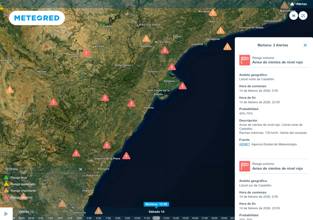 Avisos rojos en Castellón y naranjas en Tarragona por rachas de viento muy fuertes para mañana. Fuente: AEMET.