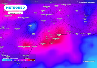 Entre el miércoles y el jueves la DANA podría dejar más de 100 l/m2 en la provincia de Málaga, según el modelo europeo