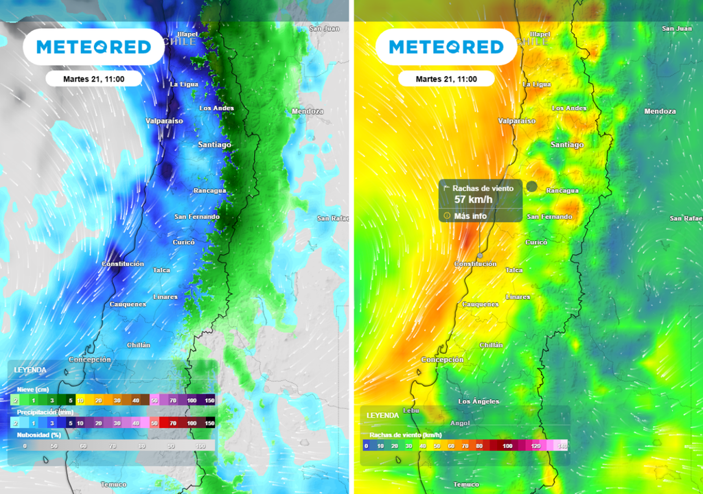 mapas de precipitaciones y rachas de viento Este martes llegará el primero de cuatro frentes a la zona central aportando más lluvias, nieve y viento.