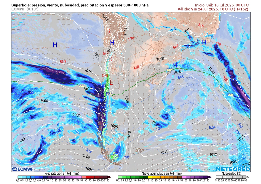 carta de presión en superficie y precipitación - ECMWF El modelo ECMWF proyecta la llegada de un tercer sistema frontal a la zona central que estaría acompañado por un nuevo río atmosférico.
