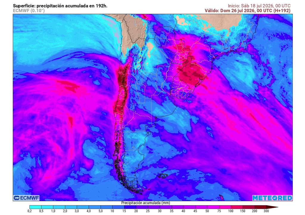 carta de precipitación acumulada en 6h - ECMWF La proyección semanal indica que los acumulados de precipitación serían mayores en la cordillera central y en el norte chico.