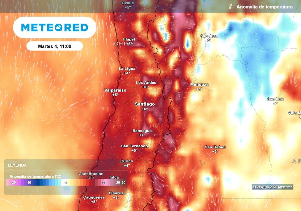 Temperaturas La próxima semana el modelo europeo prevé anomalías de temperatura sobre el promedio para Santiago.