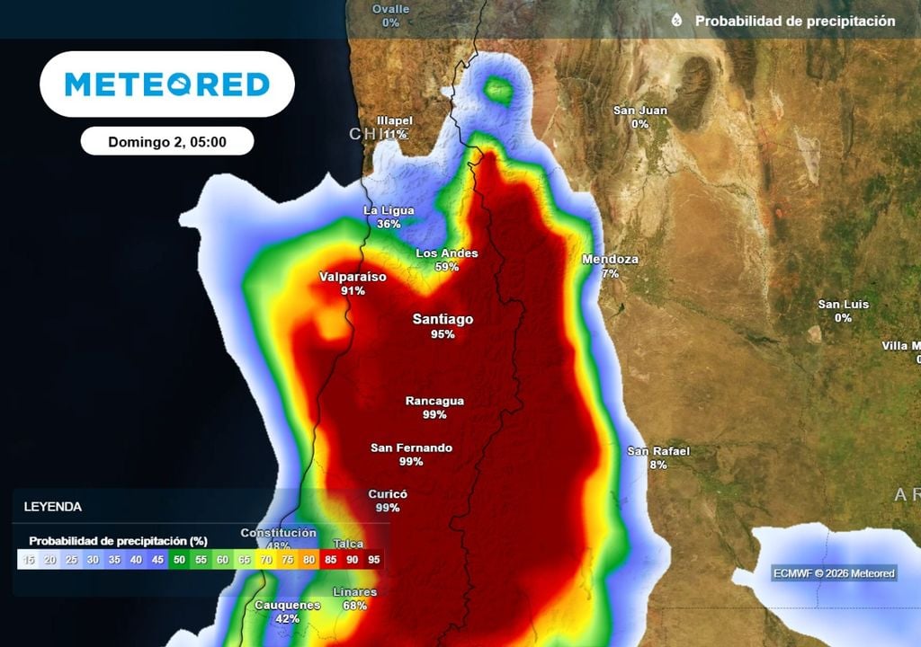 Probabilidad de precipitaciones La probabilidad de lluvias en Santigao supera el 90% este domingo con el arribo del nuevo frente frío.