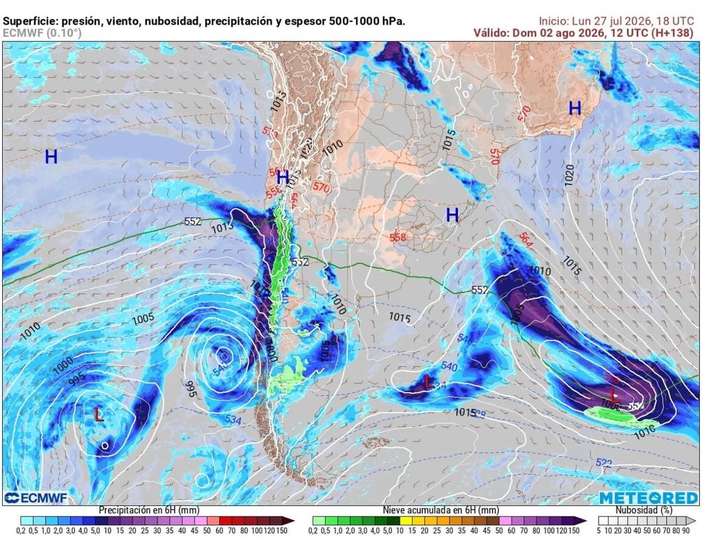 Modelo europeo prevé un fin de semana con importantes lluvias en Santiago, un sistema frontal llegaría también el domingo.