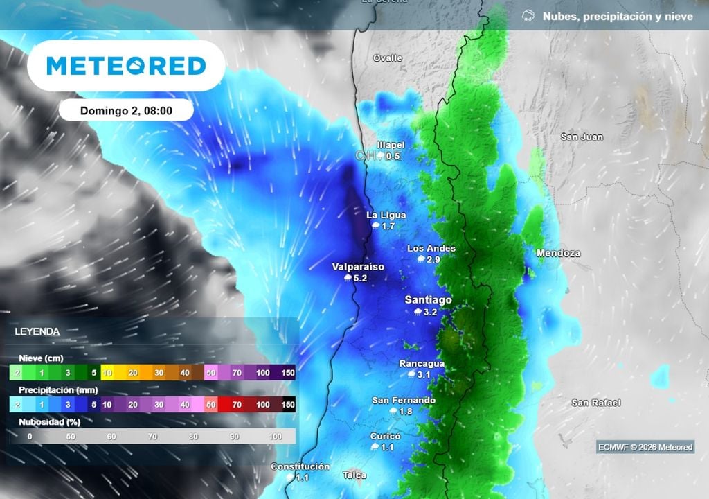 Lo más intenso llegaría el domingo: modelo europeo prevé precipitaciones más fuertes durante este día en Santiago.