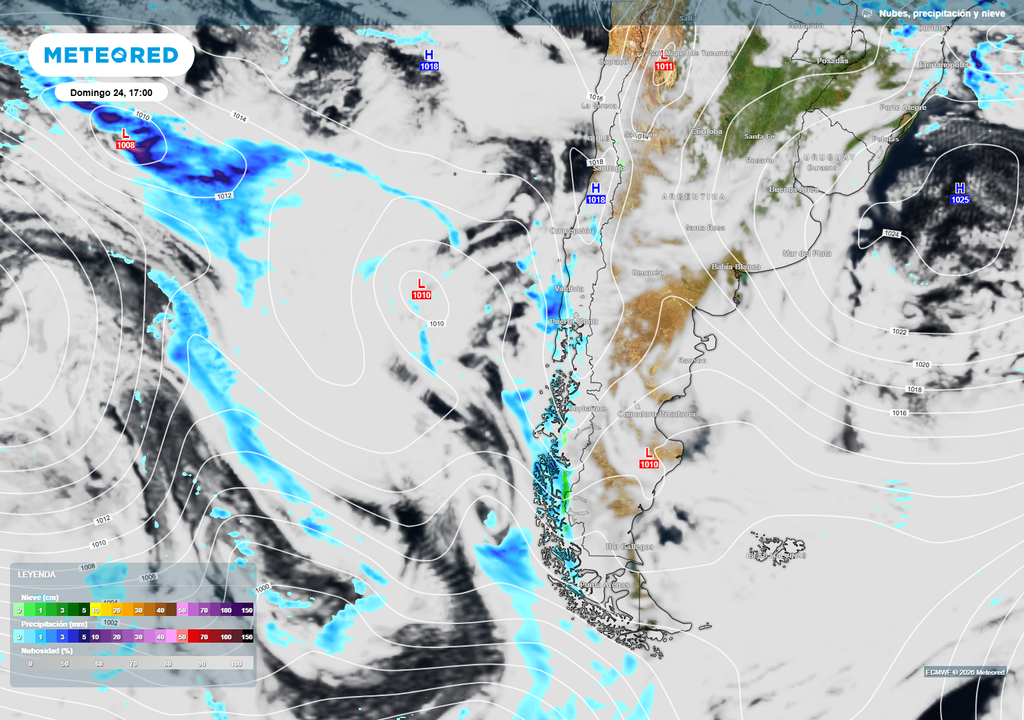 Nubes y lluvia previstas El domingo (24), las nubes estarán presentes desde la Región de Coquimbo al sur, pero los chubascos aparecerán, con probabilidad más alta sobre el Ñuble y regiones del sur y la zona austral.