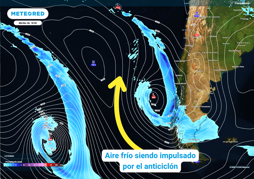 infografía del sistema frontal previsto para la última semana de mayo El aire frío dará sustento para que la banda frontal se proyecte sobre el sur y centro de Chile.