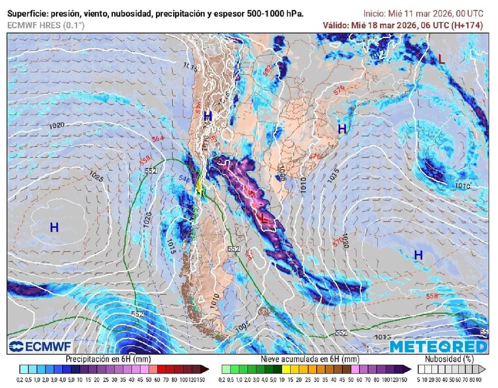 De momento el ECMWF prevé lluvias en Santiago desde la noche del martes (17) y primeras horas del miércoles (18).