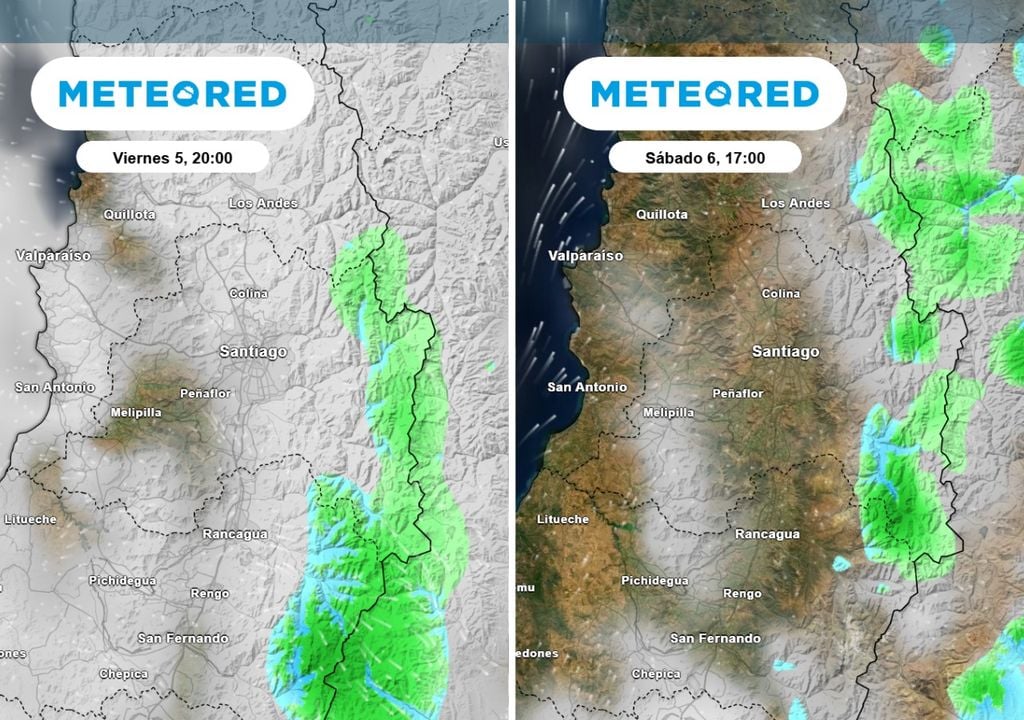 Precipitaciones en la RM Entre la noche del viernes y también en horas de la tarde del sábado, sectores cordilleranos de la RM podrían presentar chubascos.