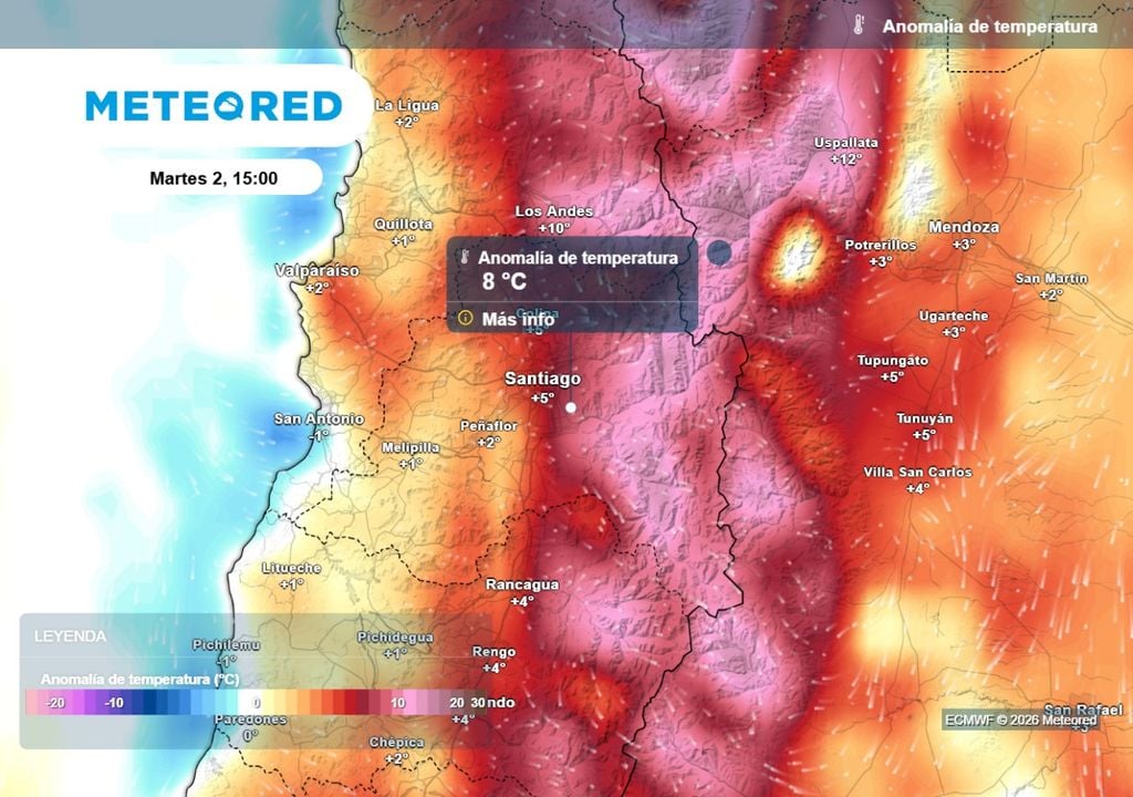 Este martes las máximas en Santiago superarán los valores normales para la época, mostrando registros sobre los 20 °C, según el ECMWF.