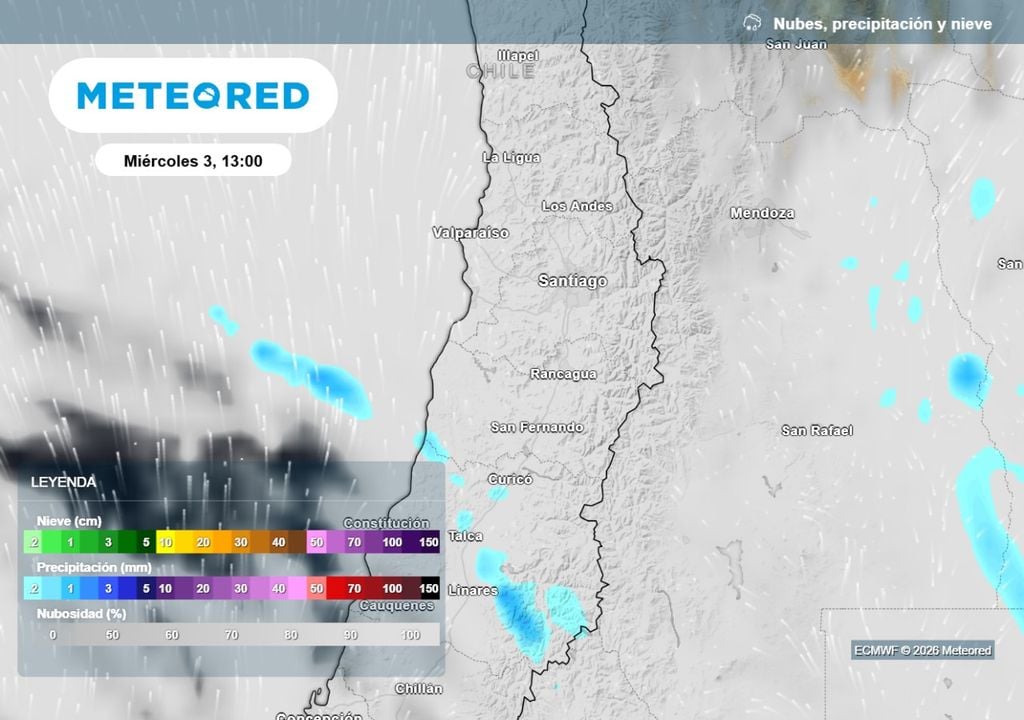 Nubes y precipitaciones Este miércoles un sistema frontal dejará lluvias hasta la región del Maule, mientras la nubosidad abarcará parte de la zona central.