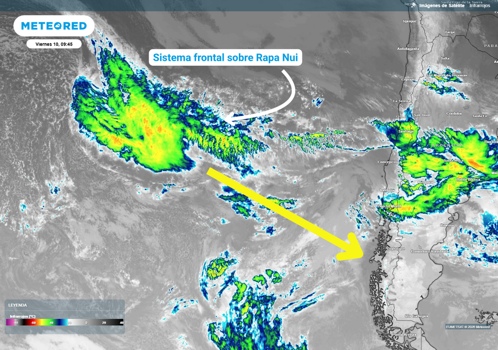 sistema frontal sobre Isla de Pascua El sistema frontal que actualmente afecta a Rapa Nui con lluvias y viento llegará a la Patagonia el domingo 12 de julio.