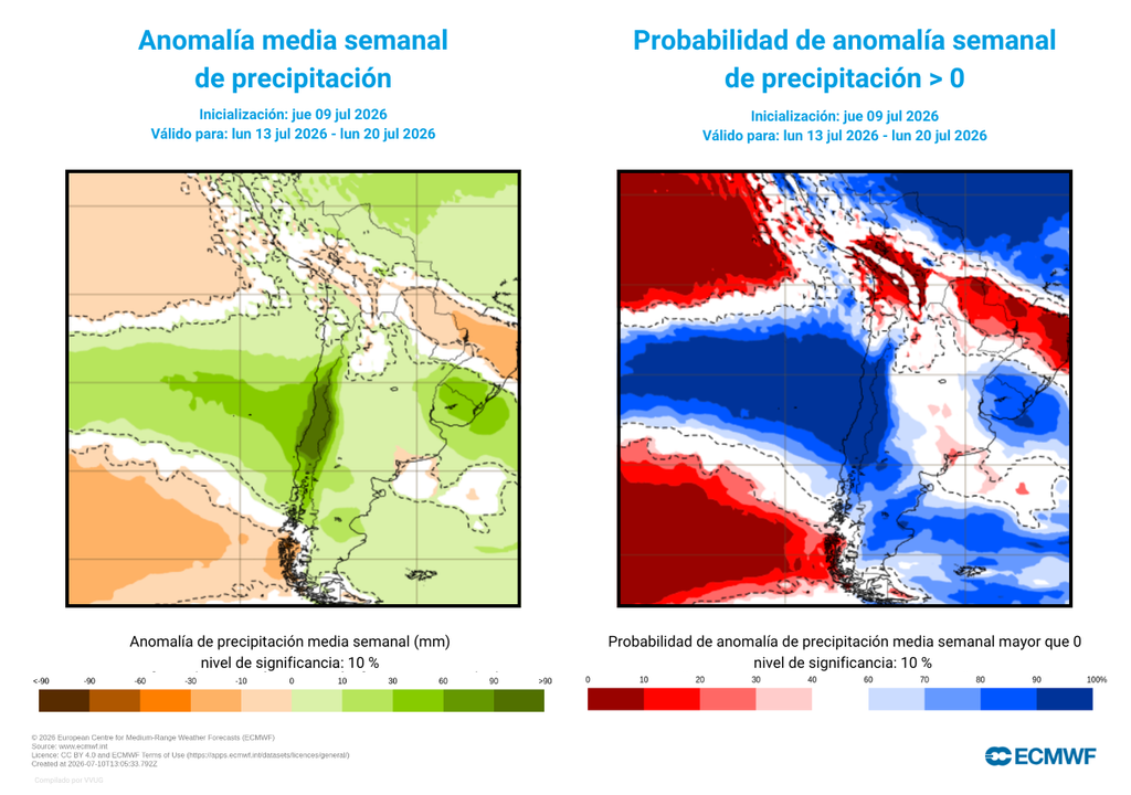 anomalía de precipitación y probabilidad de lluvias sobre el promedio La probabilidad de que se registren lluvias por sobre el promedio entre Atacama y Los Lagos se ha mantenido alta en las últimas corridas de los modelos de pronóstico.