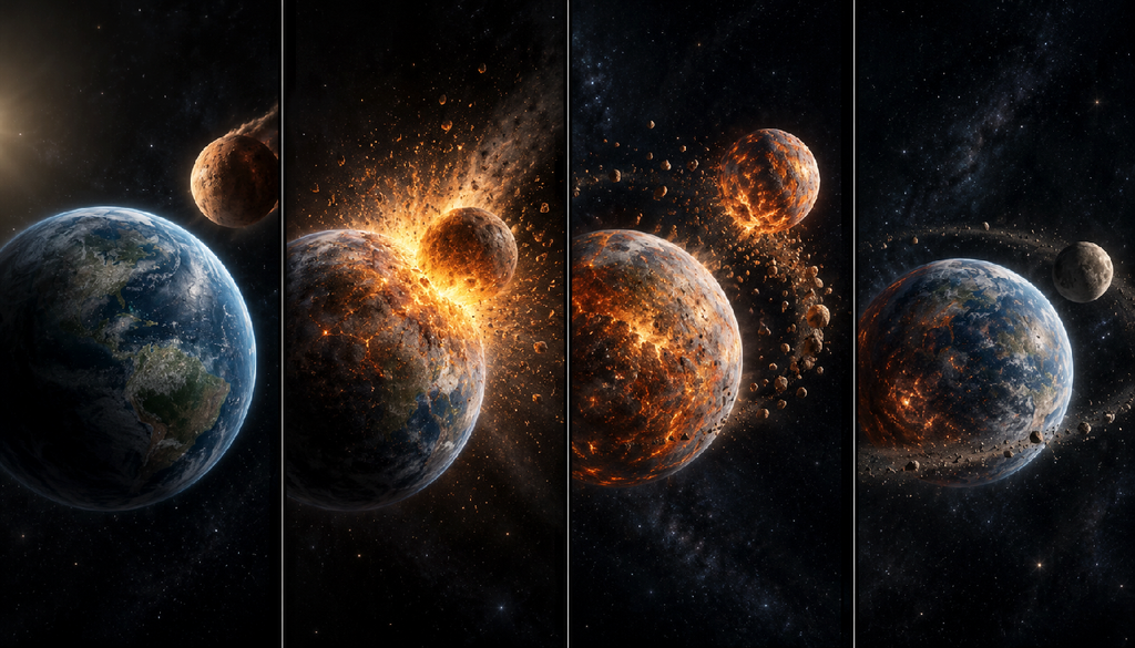 Rappresentazione artistica delle fasi del grande impatto dopo il quale oltre ai detriti emerge un embrione di Luna in orbita attorno alla Terra.