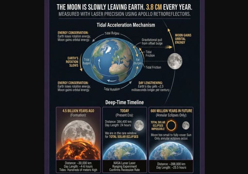 La distancia Tierra-Luna no ha sido constante en la historia: hace millones de años estaba más cerca y el día terrestre duraba menos. En un lejano futuro la distancia aumentará y los días serán más largos. NASA