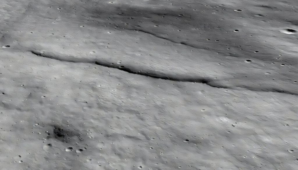 Luna Vista en perspectiva de los acantilados lobulados en el fondo del cráter de impacto lunar Mouchez L. Crédito: NASA/KARI/ASU/Intuitive Machines/Smithsonian.