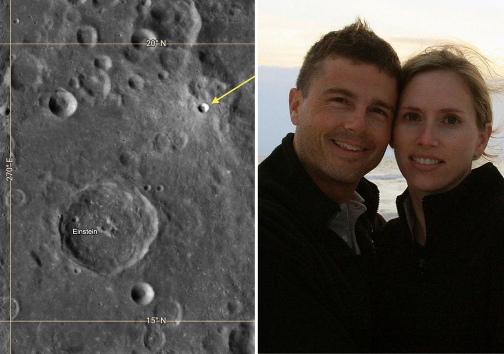 Este es el cráter (apuntado en imagen a la izquierda) nombrado en homenaje a Carroll Taylor Wiseman, la esposa fallecida de Reid Wiseman, el comandante de la misión espacial.