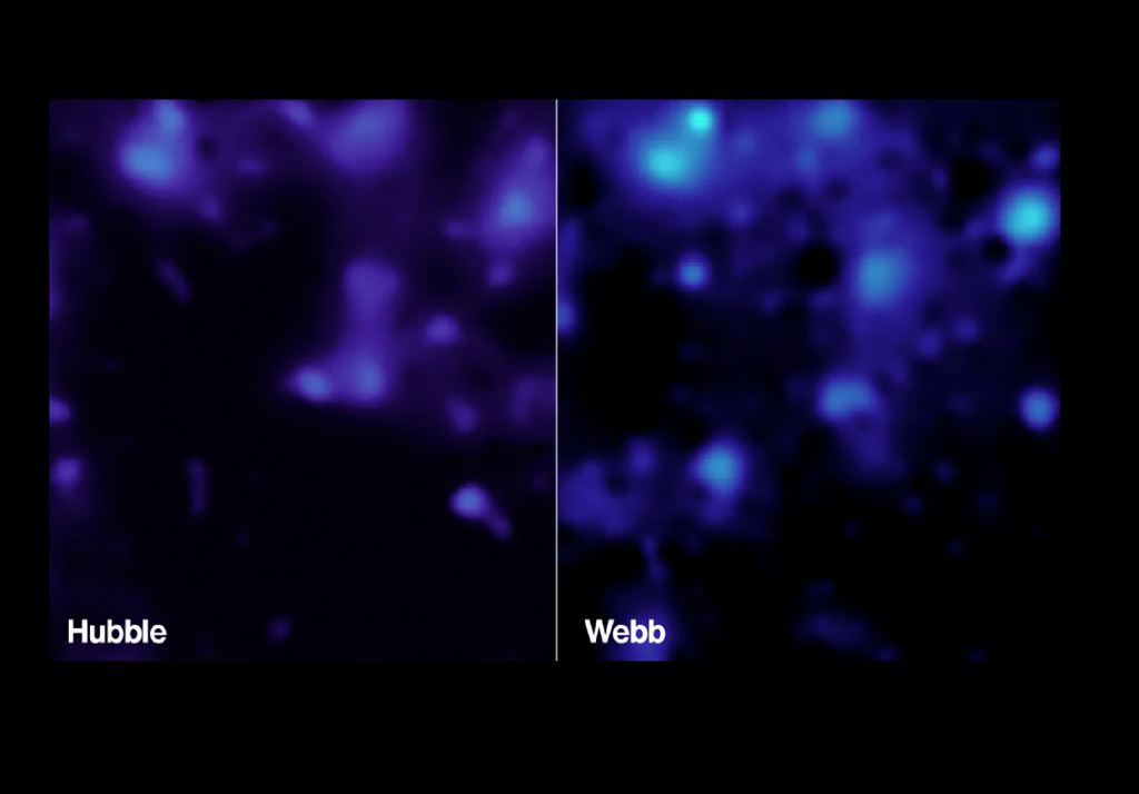 Dark Matter La stessa regione di cielo osservata prima da Hubble nel 2007 e ora da James Webb con una risoluzione doppia. Credit: NASA/STScI A. Pagan
