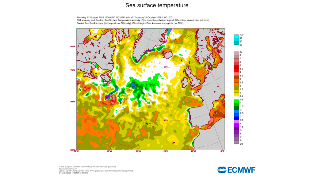 Las anomalías frías de la región del Atlántico Norte situada al sur de Groenlandia e Islandia son las más importantes de todo el hemisferio norte en este momento y contrastan con las aguas cálidas del resto del océano.