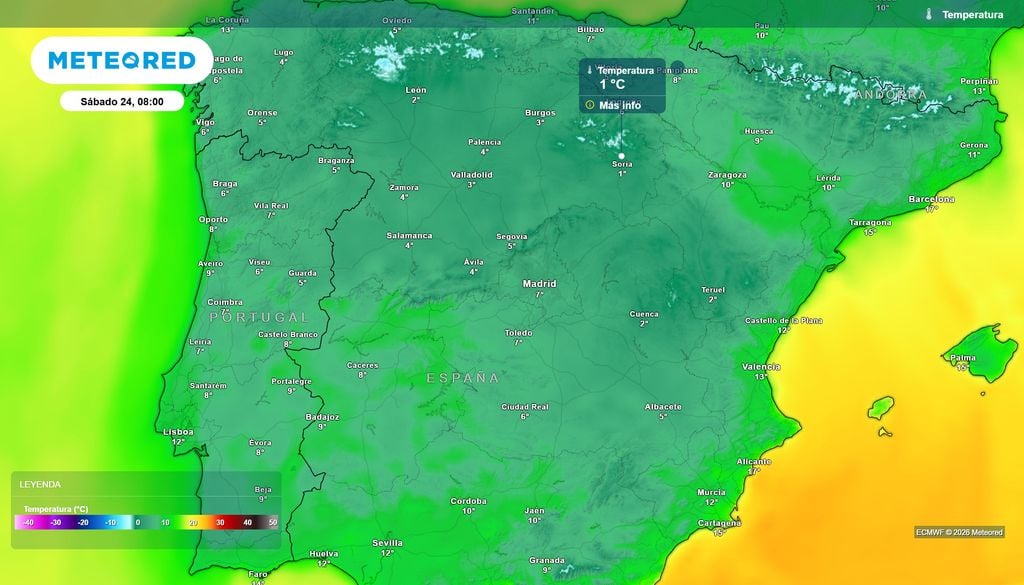 Las temperaturas mínimas previstas para la jornada de mañana sábado.