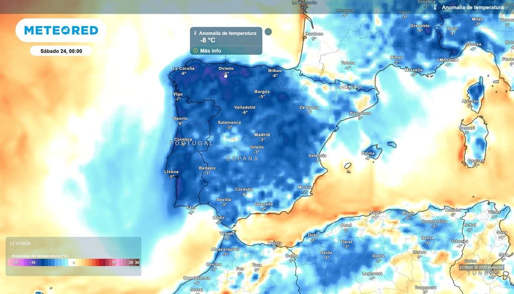 Las anomalías negativas refuerzan la advección polar, las temperaturas estarán hasta 8 ºC por debajo de la media habitual de la época.