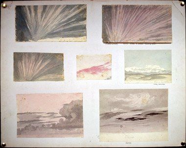 Dibujos de la nubes observadas por Howard. A la derecha se observan nubes cumuliformes en diferentes desarrollos. A la izquierda diferentes nubes, desde cirros hasta nubes estratiformes.
