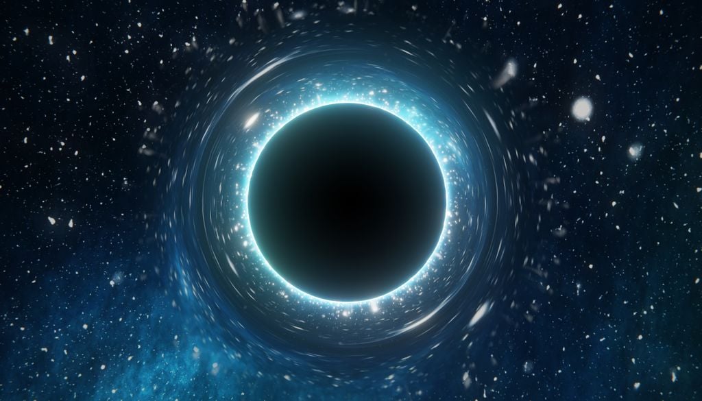 Representación de un agujero negro esférico con halo luminoso y distorsión gravitacional, que ilustra el horizonte de sucesos.