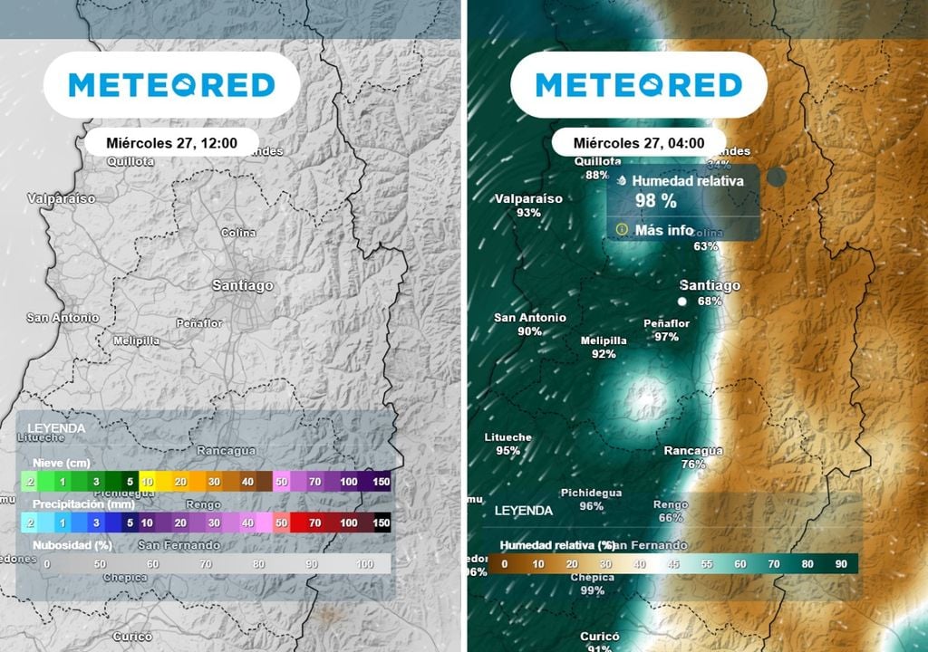 Nubes y humedad relativa Ingreso de nubosidad desde el sector costero dejará un ambiente más humedo en Santiago hacia mitad de la semana.