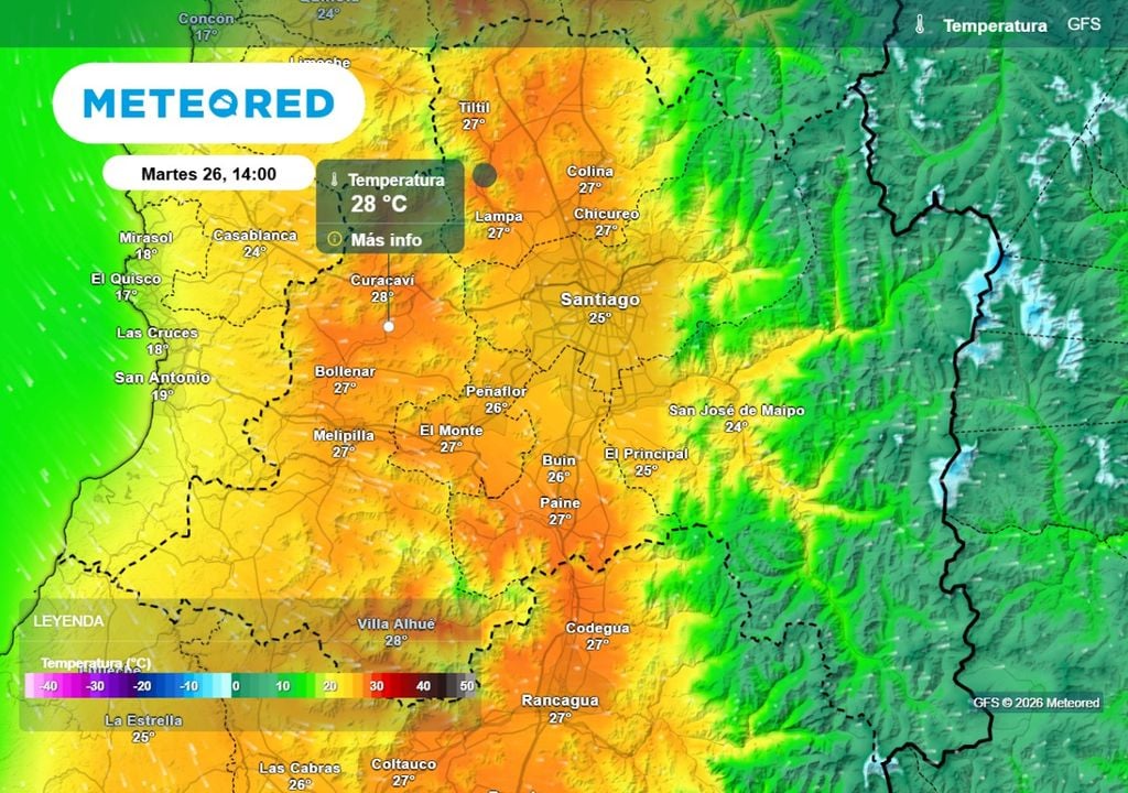 Modelo GFS Modelo norteamericano prevé cerca de 28 °C en la RM este martes: Santiago alcanzaría hasta 25 °C.