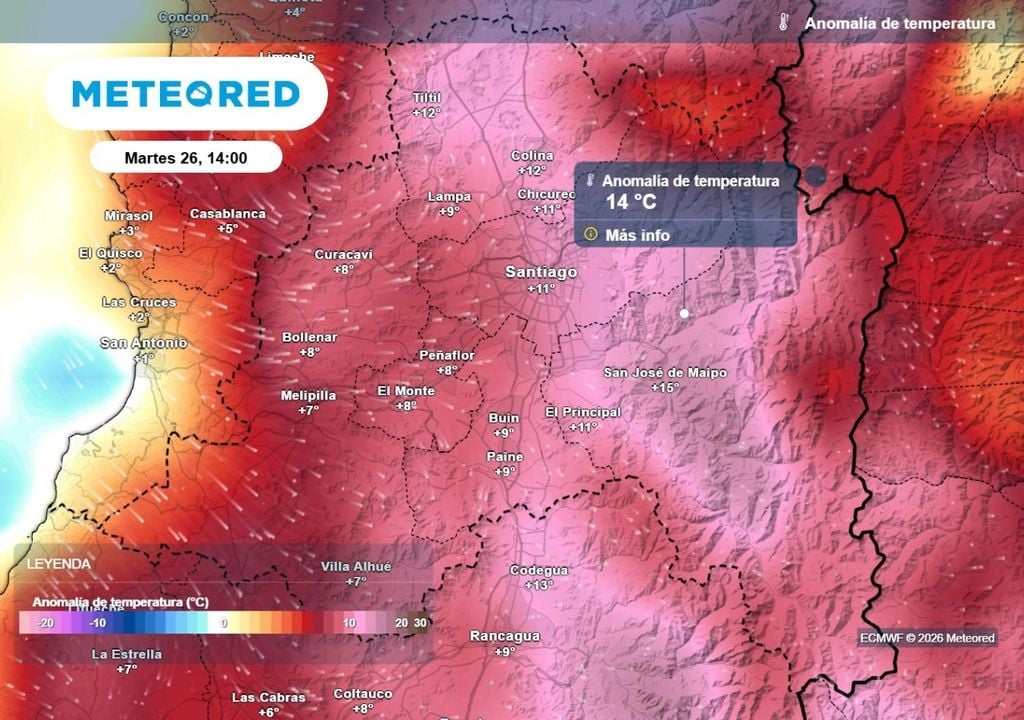 Anomalías ECMWF Sin lugar a dudas la Región Metropolitana vivirá un martes con temperaturas atípicas para la recta final de mayo: se acercarían a los 30 °C.