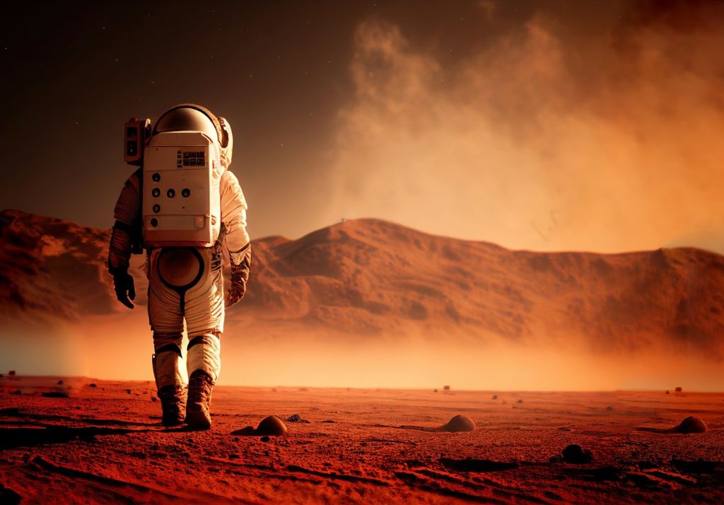pessoa em traje espacial caminhando por um ambiente com características semelhantes às do planeta Marte. Solos vermelhos e montanhas