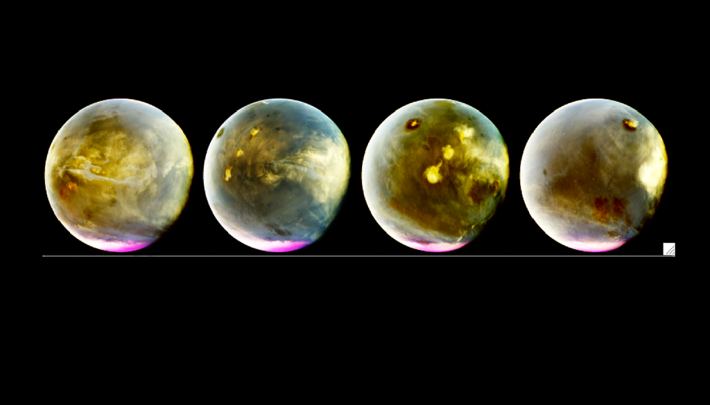 Marte Marte nell'ultravioletto rivela la formazione di nubi: i colori ultravioletti del pianeta sono stati riprodotti in falsi colori, per mostrare ciò che vedremmo con occhi sensibili agli ultravioletti. Questa immagine utilizza quattro immagini MAVEN per mostrare circa sette ore di rotazione di Marte durante questo periodo e intercala le viste simulate che sarebbero visibili tra le quattro immagini. Credit: NASA/MAVEN/Università del Colorado