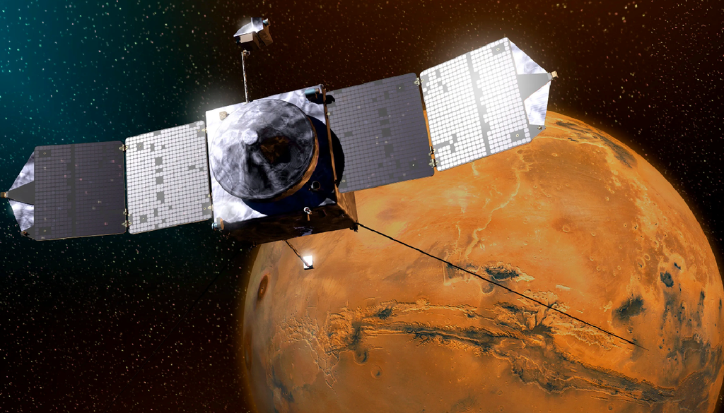 maven Rappresentazione artistica di MAVEN, missione NASA per lo studio dell'atmosfera marziana. Credit: NASA